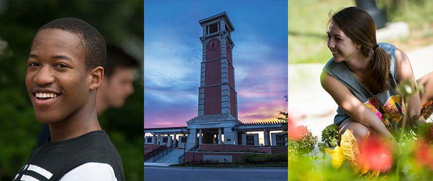 Three images together with a male student smiling on left, Moulton tower in middle, and female student with landscape around her