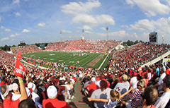 Crowd cheering at football game.