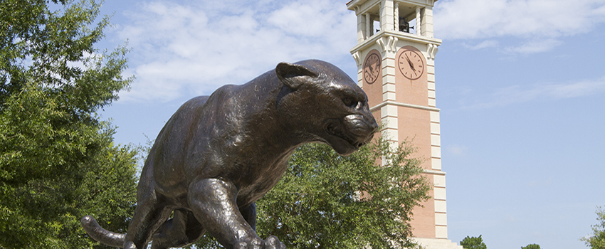 Jaguar Statue in front of Moulton Tower